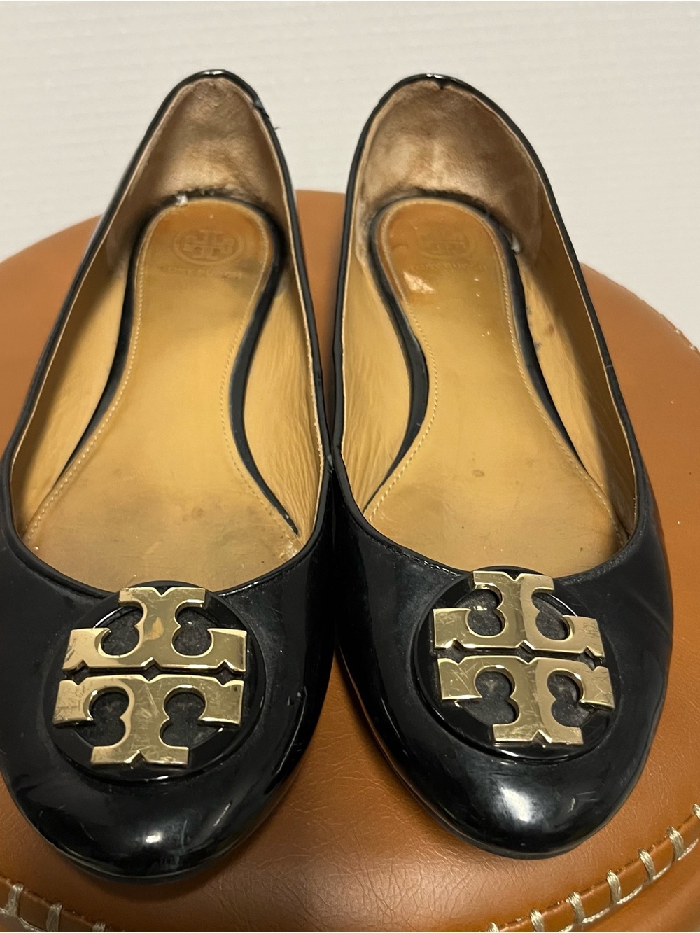 Tory Burch Black Leather Flats with Gold Logo Medallion